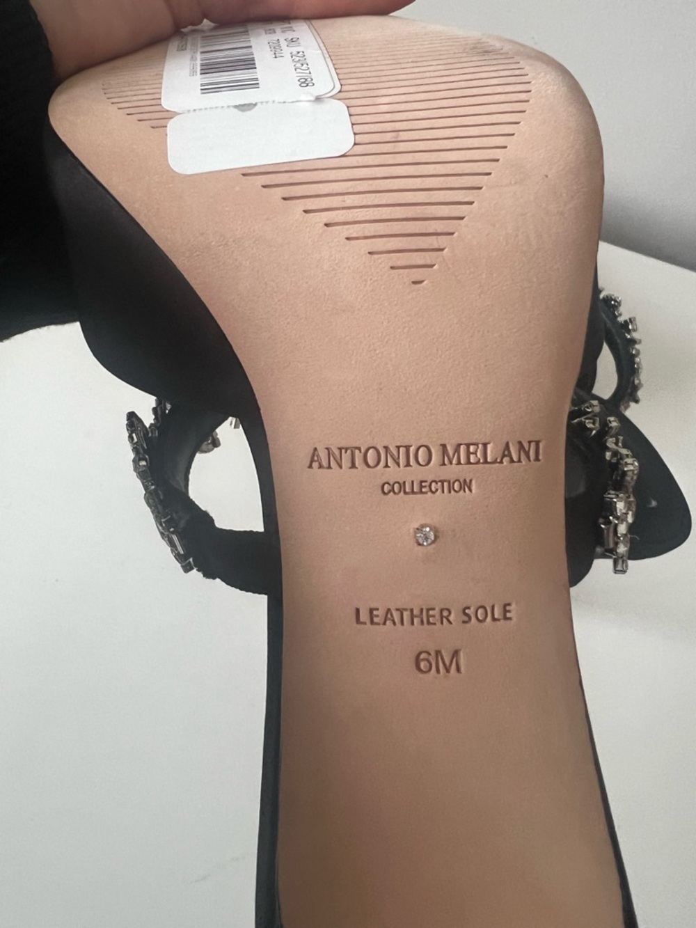 ANTONIO MELANI Black Satin Pointed Toe Heels with Crystal-Embellished Strap - Picture 9 of 10